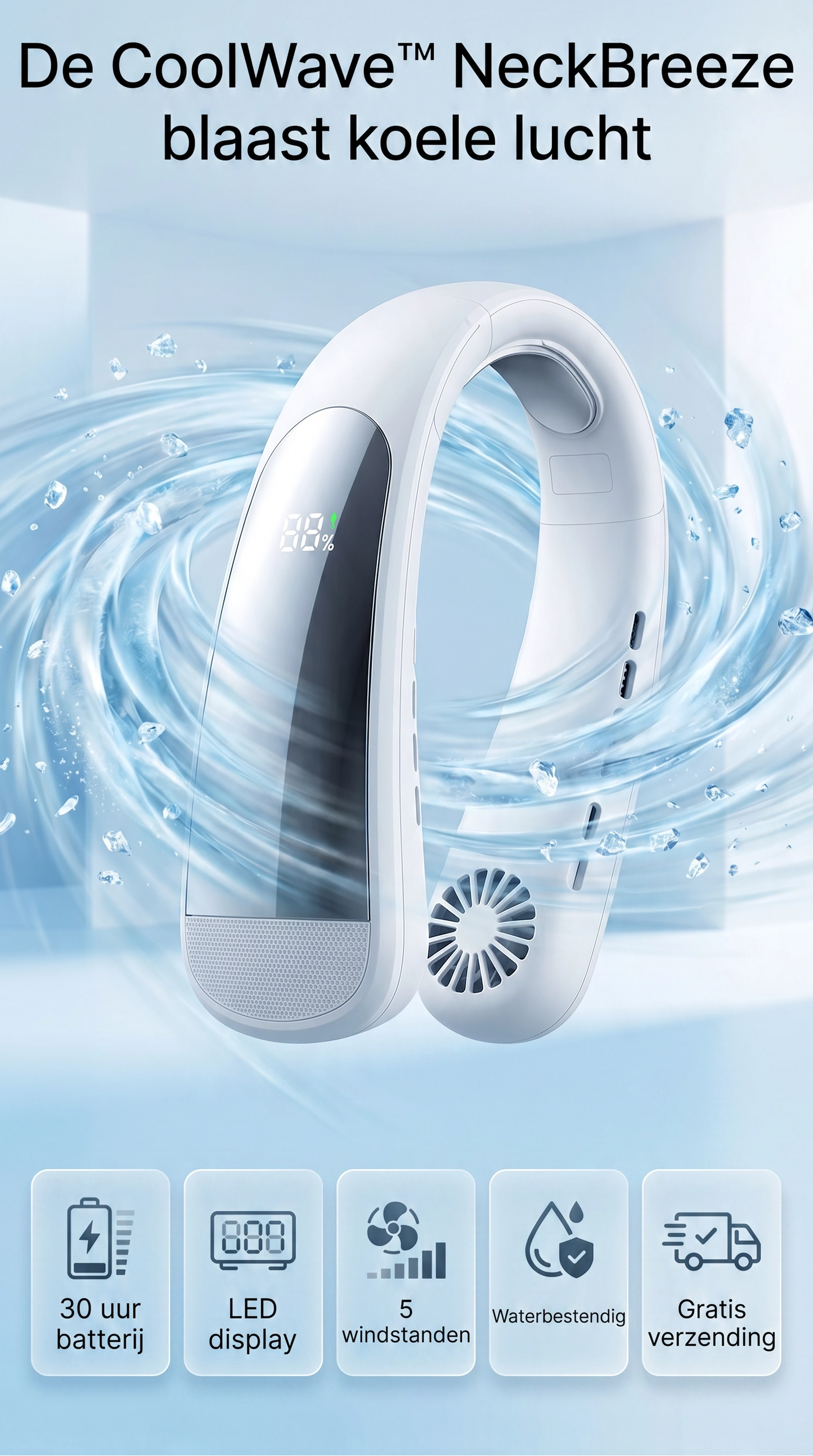CoolWave™ NeckBreeze -Draagbare Nekventilator met LED Display | 30 Uur Verkoeling | 5 Standen